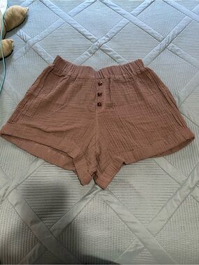 High-Rise Button Front Cotton Gauze Shorts — Brown
